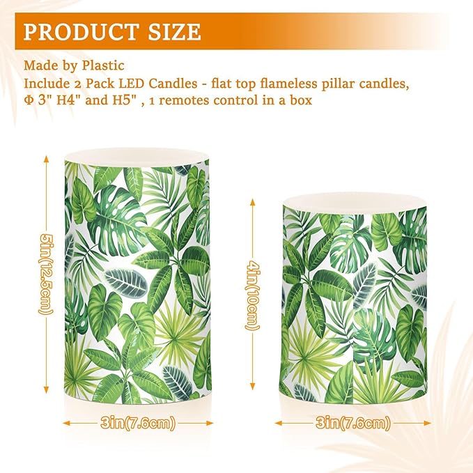 Flickering Flameless Candles, Tropical Palm Leaves Exotic LED Candles with Remote Timer, Set of 2 Battery Operated Candle for Valentine Wedding Birthday-VerdiqueGarden
