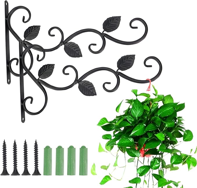 3 Leaves Style Metal Hanging Plant Brackets 12 inches x 7.5 inches, Pack of 2, Wall Mount Plant Hangers, Planter Hooks for Flower Baskets, Bird Feeders in Corridor/Patio/Porch/Garden-VerdiqueGarden