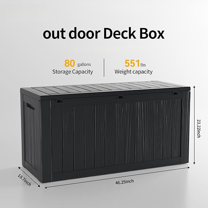 80 Gallon Outdoor Storage Box Waterproof Lockable Resin Deck Box Large, Patio Storage Bin for Pool Accessories Cushion Furniture, Garden Tools, UV-Resistant Outside Delivery Black-VerdiqueGarden
