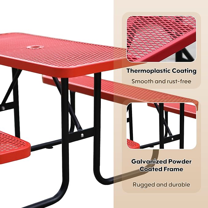 4FT Metal Picnic Tables for Outdoors, Commercial Rectangular Picnic Table and Bench Set for Outside, Patio, Garden, Backyard, Porch, Surface Mount, Red-VerdiqueGarden
