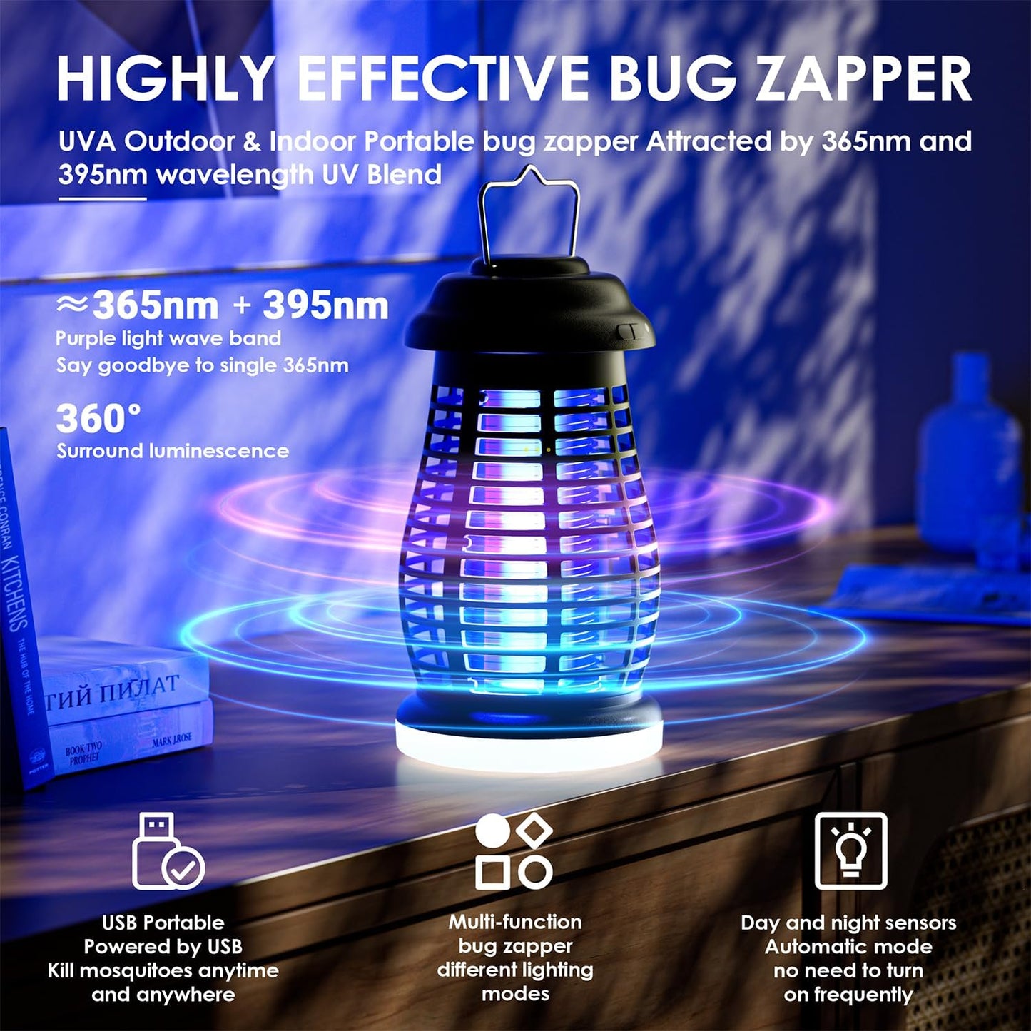 Bug Zapper Outdoor & Indoor, Mosquito Repellent Outdoor Patio, Portable & Rechargeable Fly Trap, IP67 Waterproof, Mosquito Repellent for Patio,Lawn & Garden, Camping, Kitchen, Home-VerdiqueGarden