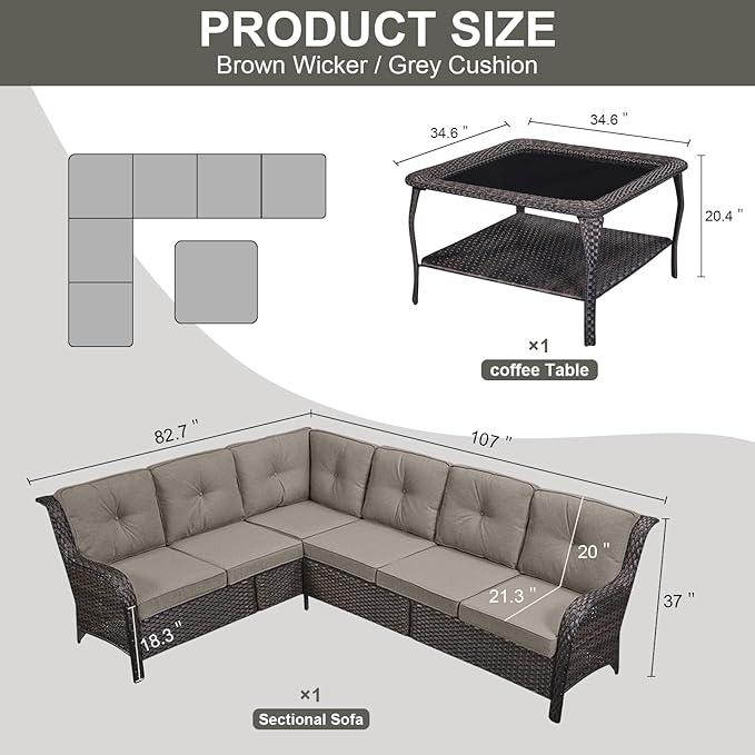 Outdoor Furniture Sectional Sofa L Shaped Couch - Patio Wicker Set with Coffee Table, 3 Piece Rattan Patio Conversation Sets with Gray Cushion for Deck Backyard Sunroom-VerdiqueGarden