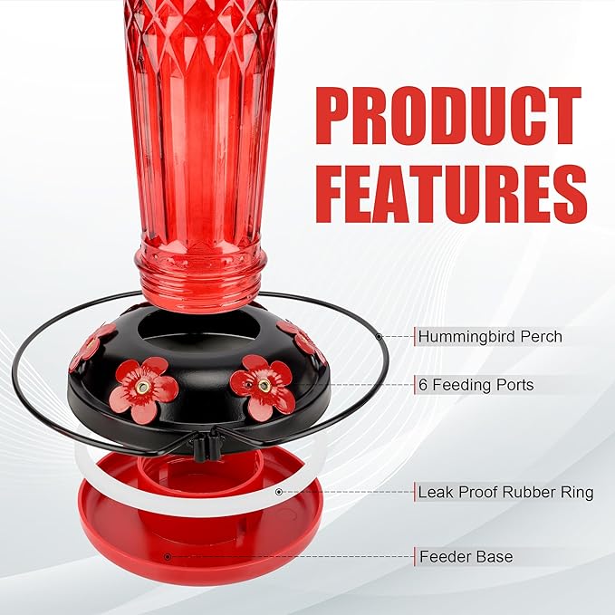 Hummingbird Feeder-16 Ounces，6 Feeding Ports Glass Hummingbird feeders for Outdoors,Wide Mouth for Easy Filling/Cleaning，Hanging for Garden Backyard Decor, Includes Ant Moat (Red)-VerdiqueGarden