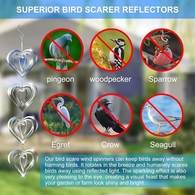 12 Metal Heart Bird Scarer Discs Set, Wind Spinners 3D Helix Reflector Stainless Steel Sparkly Outdoor Garden Decor, Scare Birds & Animals Away from Garden Yard Patio Lawn Farm Wind Sculpture Gifts-VerdiqueGarden