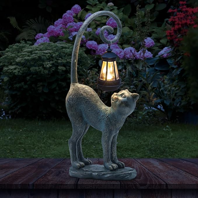 Resin Cat Statue with Solar Lantern, Eye-catching Garden Sculpture Decor，15.3" Height Outdoor Figurine for Garden Yard Patio Decorations，Birthday Gifts-VerdiqueGarden