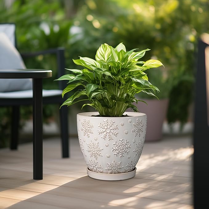 10 Inch Ceramic Planter Pot Large Plant Pot for Indoor Plants Outdoor Round Flower Pot with Drainage Hole and Saucer for Home Garden Decor White-VerdiqueGarden