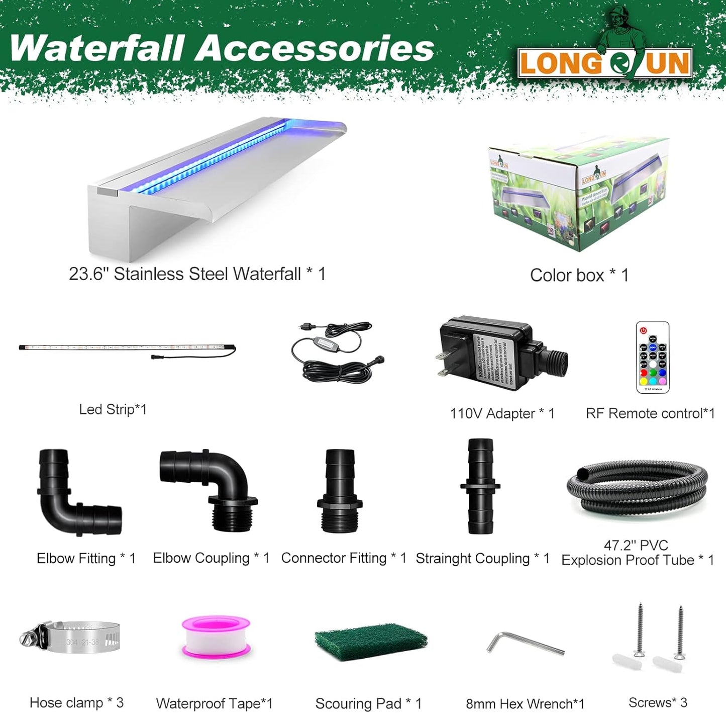 LONGRUN Pool Fountain Stainless Steel Outdoor Pond Spillway Waterfall with Wider Water Flow Platform Multi-Color LED Light Spray Indoor Waterfall Fountains for Garden-23.6" x 8" x 3.94"(W x D x H)-VerdiqueGarden