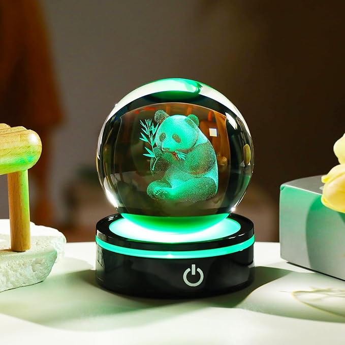 YWHL 3D Panda Figurine Crystal Ball with Colorful Light Base, Panda Gifts for Women Men on Christmas Birthday, 3D Laser Engraved Full Sphere Glass Decorative Ball for Home Office (80mm)-VerdiqueGarden