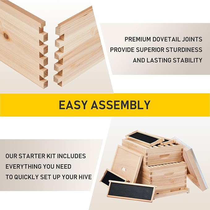 CREWORKS Bee Hive Boxes 10 Frame Langstroth Beehive, Bee Keeping Starter Kit Includes 1 Super Bee Box & 1 Bee Brood Box with Beehive Frames and Foundation, 2 Layers Complete Bee Hive Kit-VerdiqueGarden