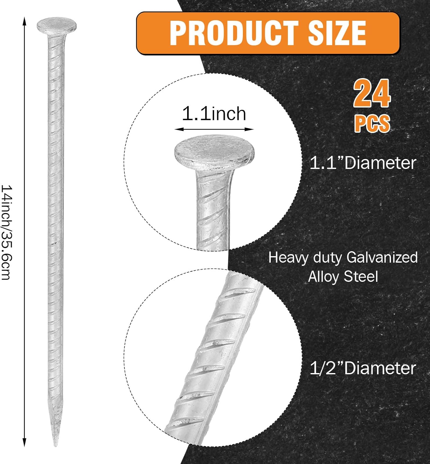 Tandefio 12 Pcs 14 Inch Rebar Stakes, 1/2 Inch Diameter Threaded Galvanized Steel Ground Anchors Plant Support Garden Stakes, Heavy Duty Metal Landscape Spikes for Speed Bump Tent-VerdiqueGarden