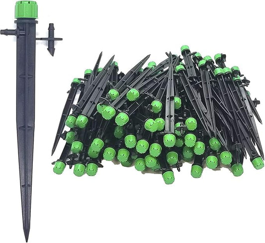 (100-PACK) - 1/4" Inch Universal 360* Degree Drip Emitter On 5" Stake - Adjustable Flow 0-18.5 GPH Fit 1/4 (4-7mm) Drip Irrigation Tubing - Professional Grade Drippers for Drip Irrigation-VerdiqueGarden
