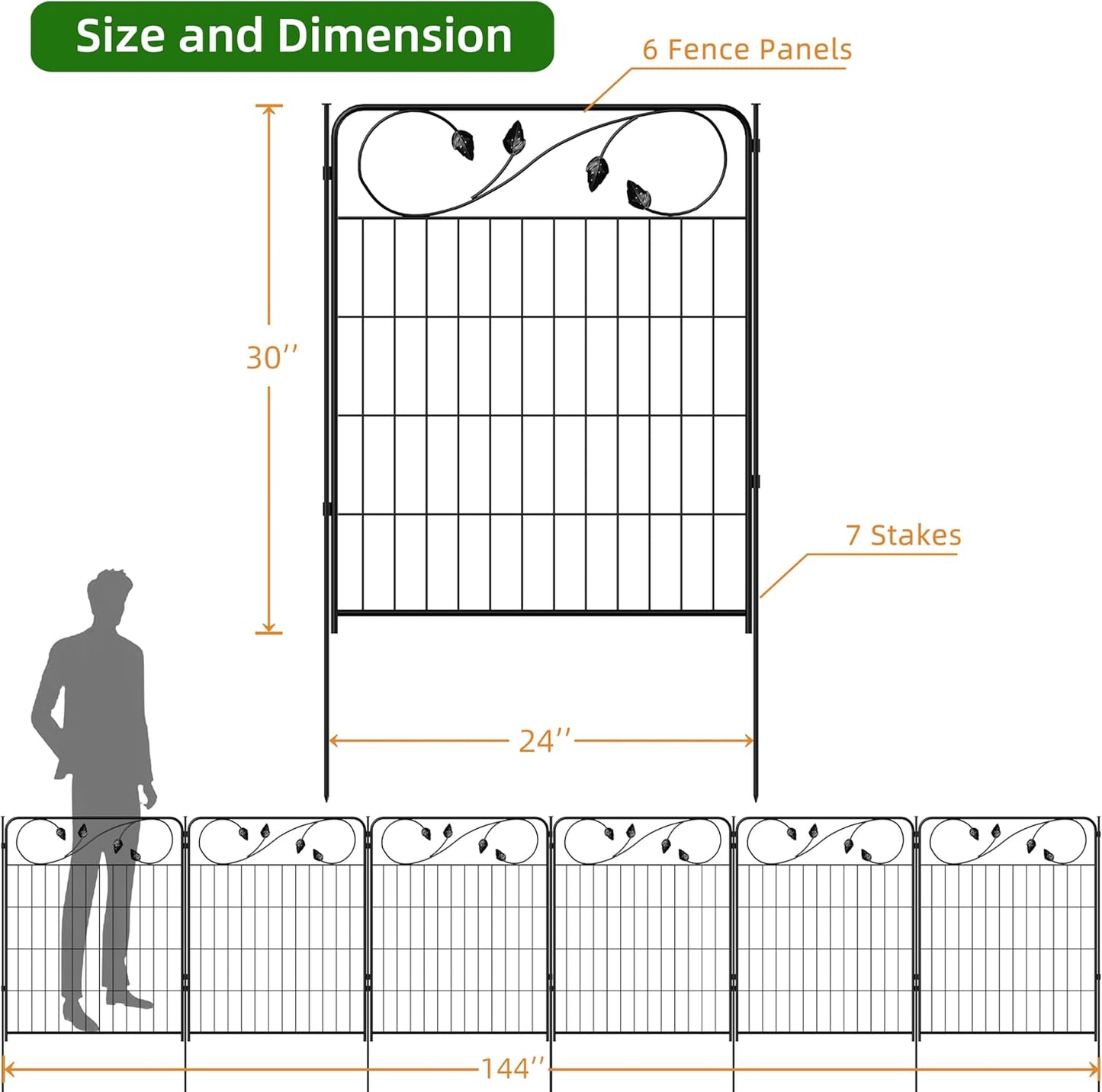 Decorative Outdoor Garden Fence 30in(H) X12ft(L) 6 Panels+7 Stakes Leaf Black Metal Garden Fencing for Landscape Lawn Patio, Temporary Animal Barrier Fences for Dogs-VerdiqueGarden