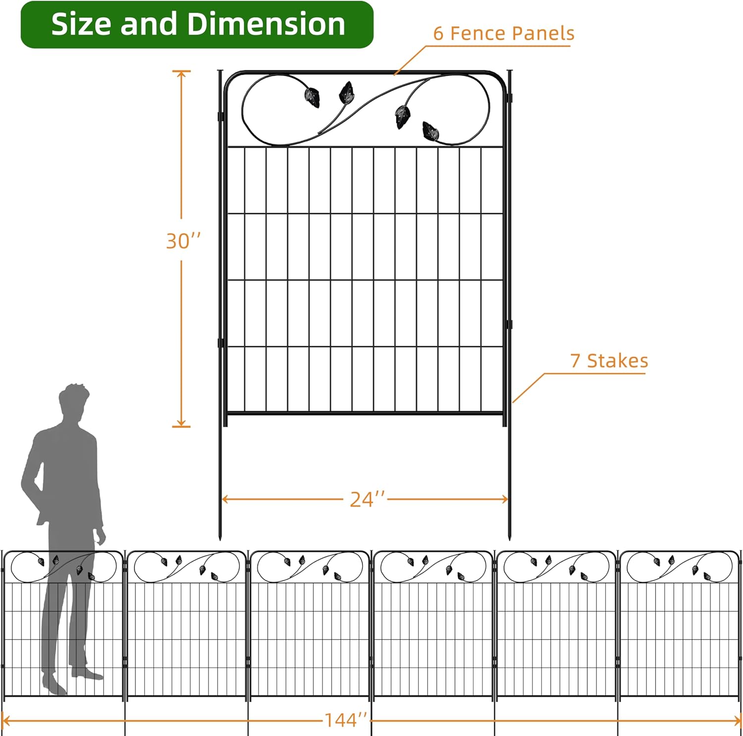 Decorative Outdoor Garden Fence 30in(H) X12ft(L) 6 Panels+7 Stakes Leaf Black Metal Garden Fencing for Landscape Lawn Patio, Temporary Animal Barrier Fences for Dogs-VerdiqueGarden