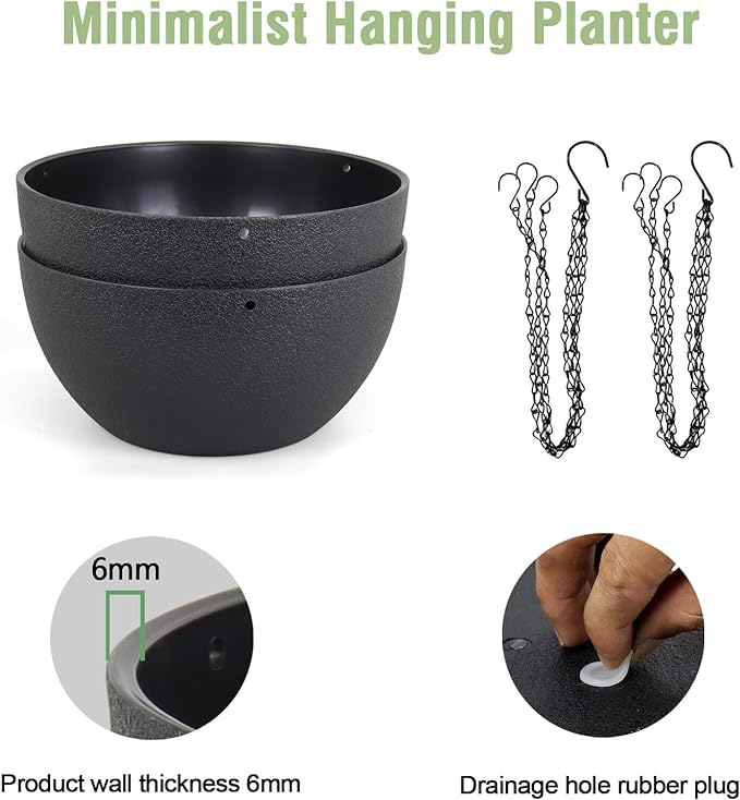 10 inch Hanging Planters for Indoor Outdoor Plants, 2 Pack Hanging Flower Pots with Drainage Holes and Chain for Garden Porch Plants, Round Plastic Hanging Baskets for House Plants, Black-VerdiqueGarden