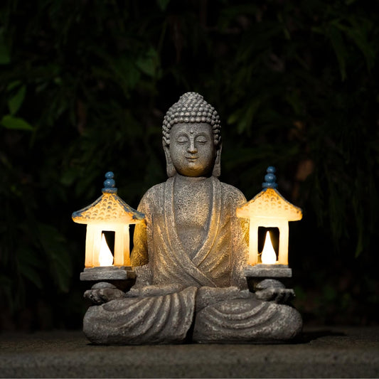 Meditating Buddha Statue with Solar Lights, Zen Garden Decor for Home, Patio, Yard, Outdoor – Unique Gift for Women and Friends(Two Pavilions)-VerdiqueGarden
