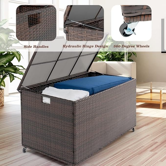 Outdoor 170 Gallon Water-Resistant Wicker Storage Box with Wheels, PE Rattan Deck Box with Waterproof Liner for Outside, Patio Storage Container with Hinged Lid, Horizontal Bin, Brown-VerdiqueGarden