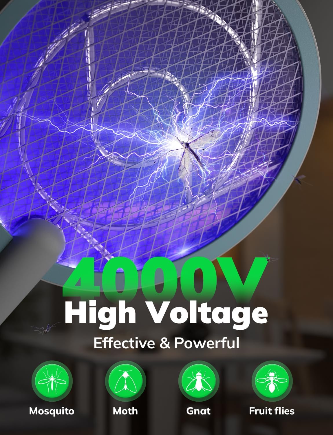 YISSVIC Electric Fly Swatter Bug Zapper Racket 4000V LED Screen Dual Modes Fly Zapper Rechargeable for Indoor Home Office Backyard Patio Camping-VerdiqueGarden