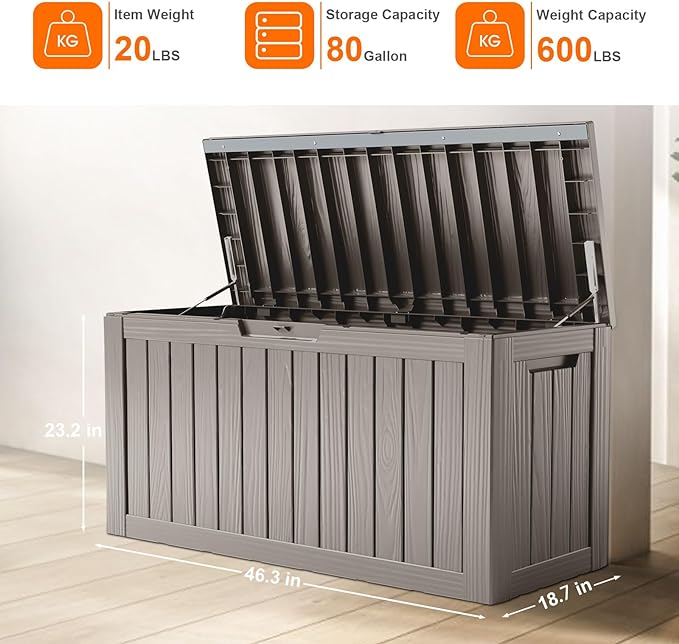80 Gallon Resin Deck Box, Lockable Patio Outdoor Storage Box for Furniture, Garden Tools and Tools Storage, Waterproof Outside Storage Boxes - Grey-VerdiqueGarden