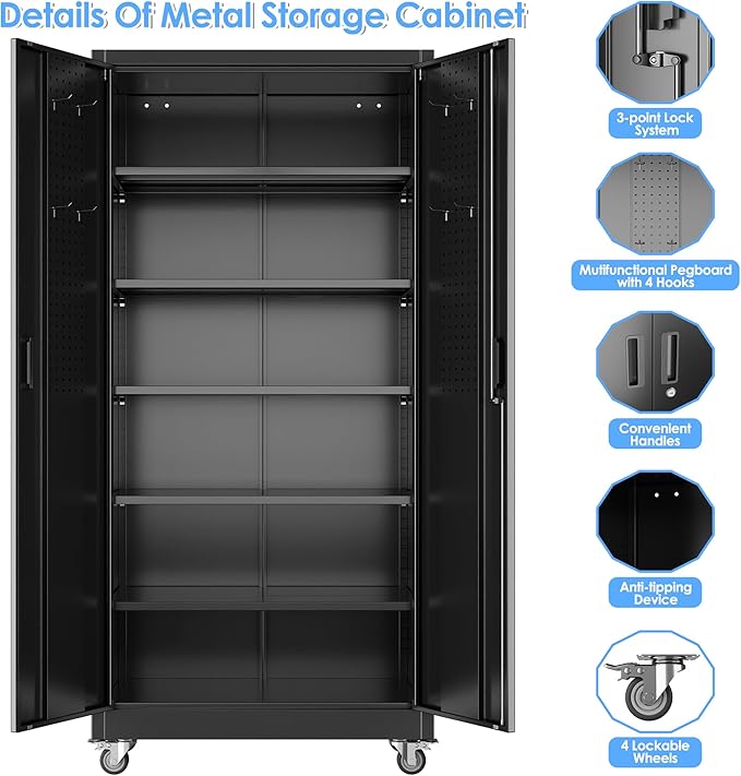 Garage Storage Cabinet with Wheels & Pegboard, 71" H×34" W×18" D Locking Metal Storage Cabinet with 2 Doors and 5 Adjustable Shelves for Garage Workshop Home, Black, Assembly Required-VerdiqueGarden