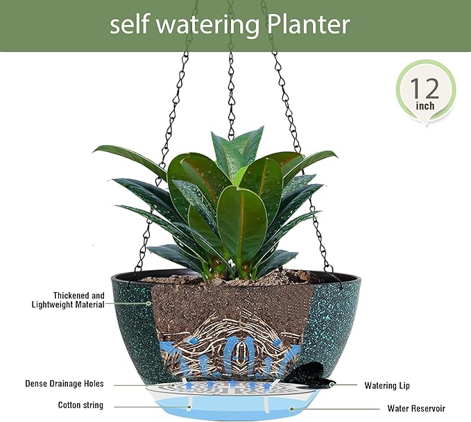 12 Inch Hanging Baskets 2 PC with Chains, Self-Watering Hanging Planters for Indoor Outdoor Plants, Plastic Hanging Flower Pots, Black with Green Speckles-VerdiqueGarden