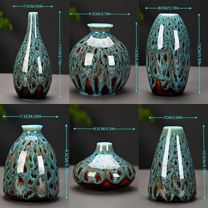 Ceramic Bud Vase Set, Fambe Blue Glazed Finish, Decorative Flower Vases (Blue-Set of 6)-VerdiqueGarden