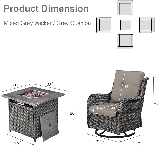 5 Pieces Patio Wicker Furniture Set - 4 Outdoor Swivel Rocker Glider Chairs with Propane Fire Pit Table, Patio Conversation Set Grey Cushion Perfect for Casual Gathering-VerdiqueGarden