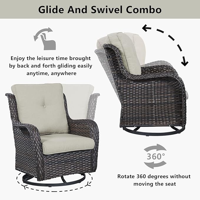 Wicker Outdoor Furniture Patio Furniture Set - 6 Piece Patio Conversation Set with Swivel Rocker Chairs, Loveseat Sofa, Ottomans and Coffee Table, Beige Cushion-VerdiqueGarden