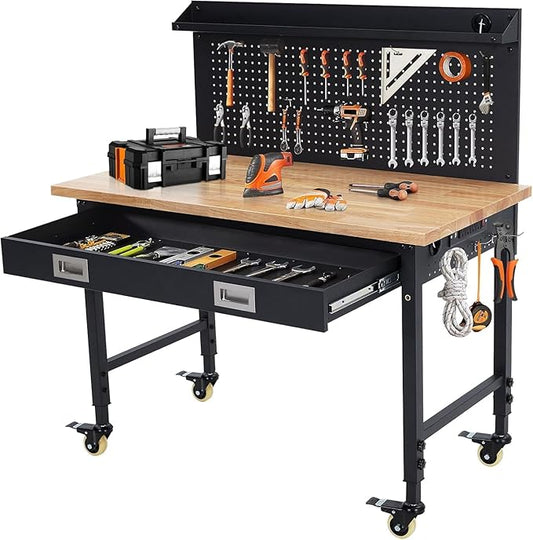 48'' Adjustable Workbench on Wheels, 2000LBS Heavy Duty Worktable with Power Outlets & Drawers & Pegboard, Rubberwood Workstation for Workshop, Garage, Office, Home-VerdiqueGarden
