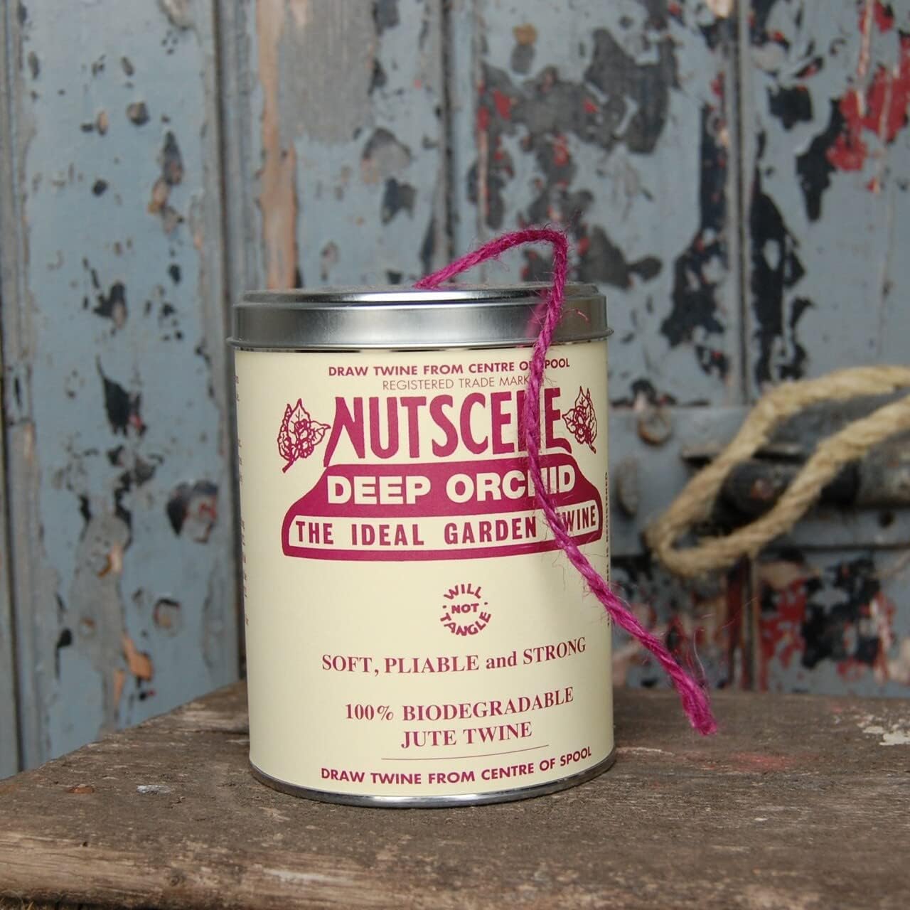 NUTSCENE Iconic Tin (Tin ‘O’ Twine) with Their Heritage Scottish Jute Twine and Hole in Top for Easy Dispensing. 14 Colors to Choose from. 164 Yards. (Deep Orchid)-VerdiqueGarden