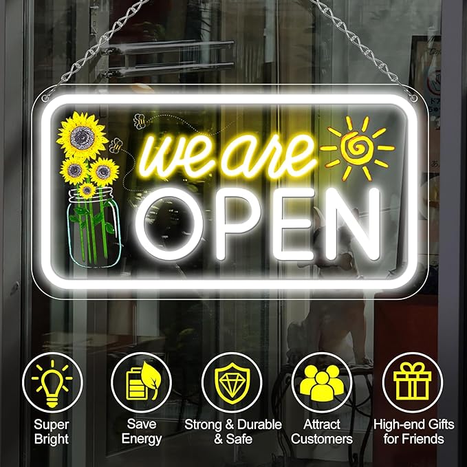 Neon We are Open Signs for Business, 16.5x9'' Open Sign with Printed Flower and Sun, with ON/OFF Switch & Adapter, Daylight White, Ideal for Window, Party, Wall, Bars, Coffee Shops, Salons, Clubs, Hotels-VerdiqueGarden