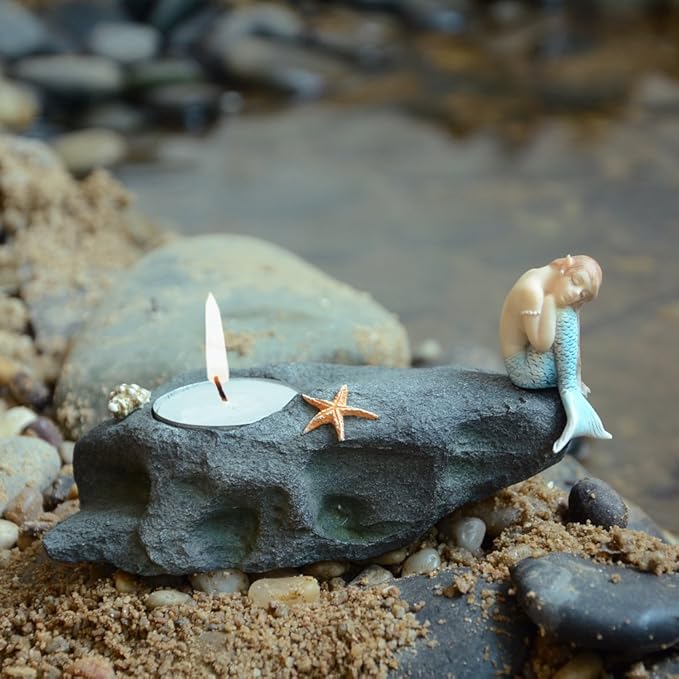 Top Collection Miniature Fairy Garden and Terrarium Statue, Mermaid Resting on Stone T-Light Candle Holder-VerdiqueGarden
