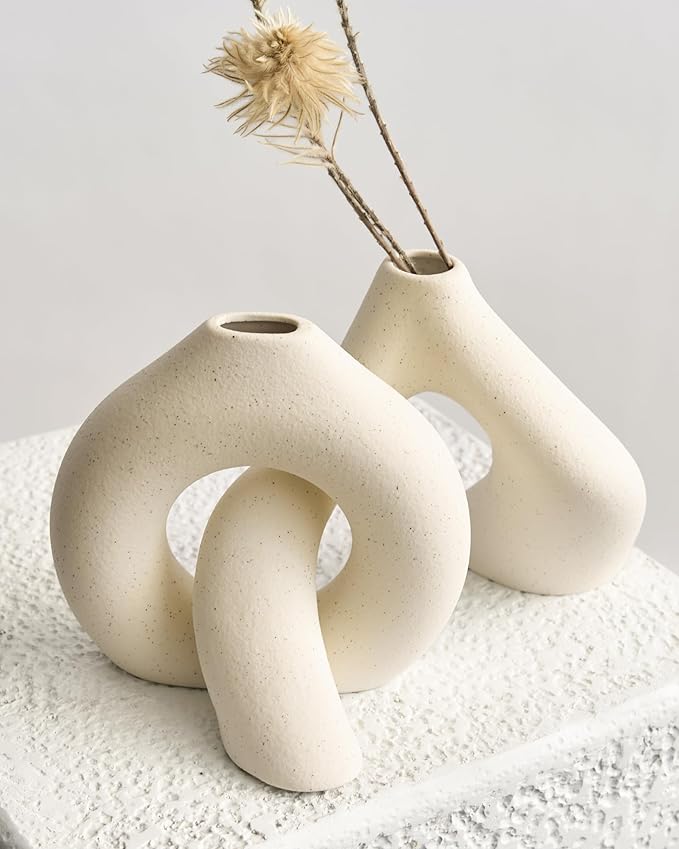 NOBULA White Ceramic Donut Vases – Modern Home Decor for Living Room, Bedroom & Table Centerpiece - Minimalist Nordic – Unique Vases for Olive Plant & Flowers – Decorative Coffee Table Vase Set of 2-VerdiqueGarden