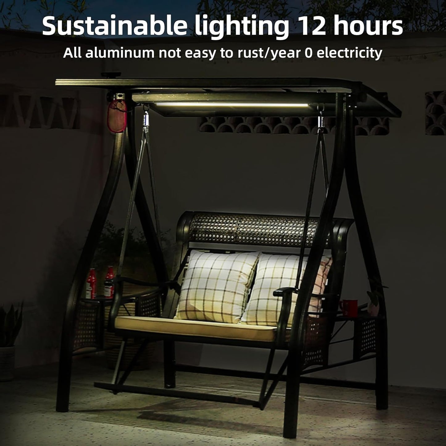 2/3-Seat Outdoor Patio Porch Swing with Adjustable Aluminum Alloy Canopy Solar Patio Swing Chair Bench with Footrest Side Cup Holder for Backyard Lawn (Himalaya White-2 Seat)-VerdiqueGarden