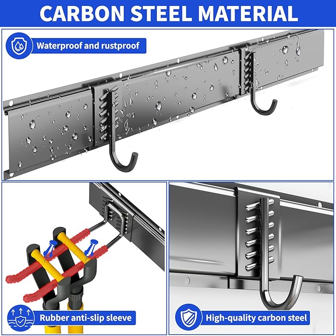 Garage Organization Tool Organizer Wall Mount, 48inch Heavy Duty Garden Tool organizer Storage System, Easy Install With 9 Adjustable Hooks, For Garage, Basement, Shed, Workshop(Black)-VerdiqueGarden