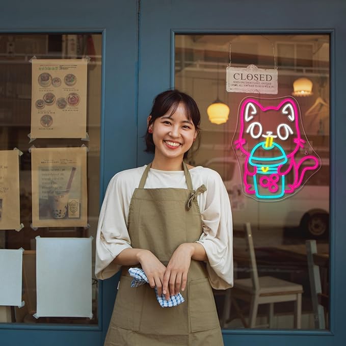 Cat Boba Tea Neon Sign,Cute Pink Kitty Bubble Tea Neon Signs for Wall Decor,Dimmable LED Neon Light Bar Sign,USB Light Up Signs for Kids Bedroom Dimsum Store Cofes Bar Milk Tea Shop-VerdiqueGarden