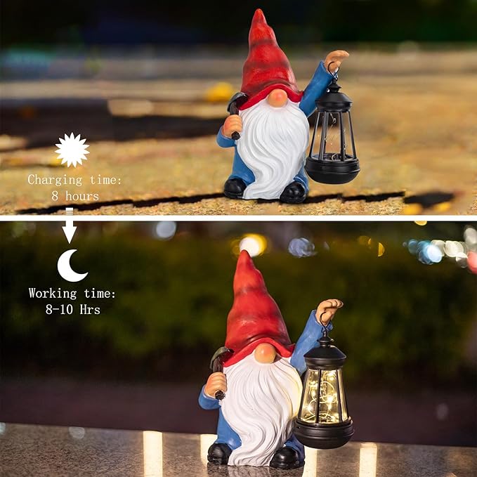 Garden Gnome Statue Solar Light Outdoor Decorations Figurine with Lantern Led Shovel Sculpture Lawn Patio Yard Porch Outside Christmas Housewarming Gifts for Women Mother's Day Grandma-VerdiqueGarden