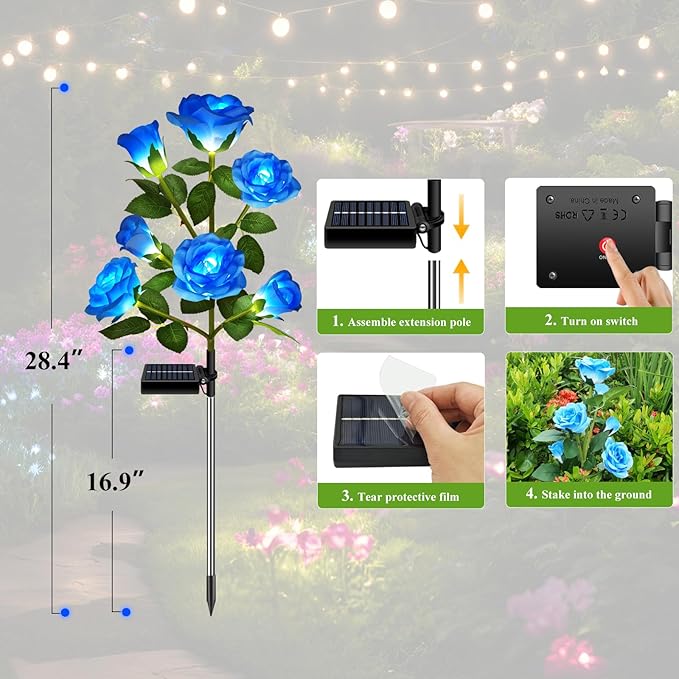 1 Pack Solar Garden Lights Outdoor, 7-Flower Rose Solar Lights for Yard, LED Solar Powered Stake Lights for Patio Pathway Lawn Fence Cemetery, Blue-VerdiqueGarden