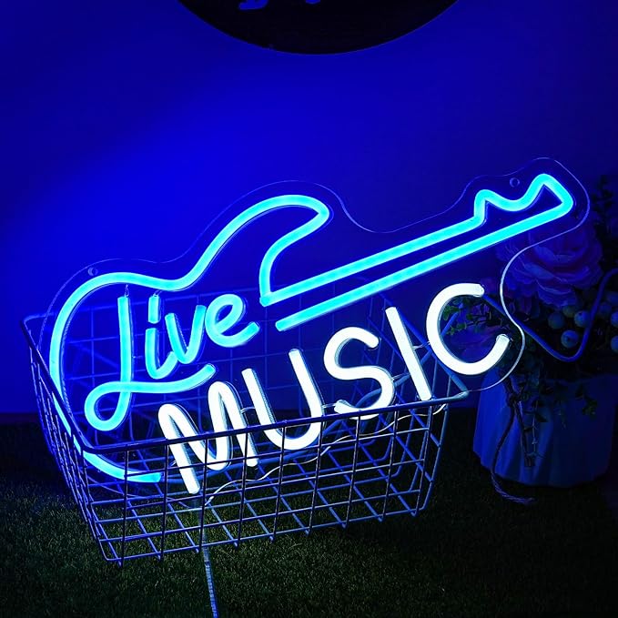 Guitar Neon Sign Blue White Live Music for Wall Decor Dimmable Guitar Led Light up Sign Letter Neon Signs Art Decorative Lights for Music Studio Live Streams Nightclub-VerdiqueGarden