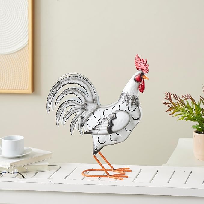 Deco 79 Metal Rooster Decorative Garden Sculpture Garden Statue with Black and Red Accents, Outdoor Sculpture 6" x 16" x 18", White-VerdiqueGarden