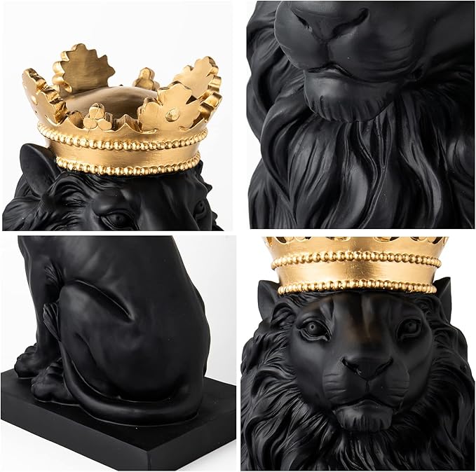 LCdecohome Lion Statue - Outdoor Collectible Figurine, 15 Inch Gold Crown Black Standing Lion Home Decor for Desk & Home Black Decor Gift-VerdiqueGarden