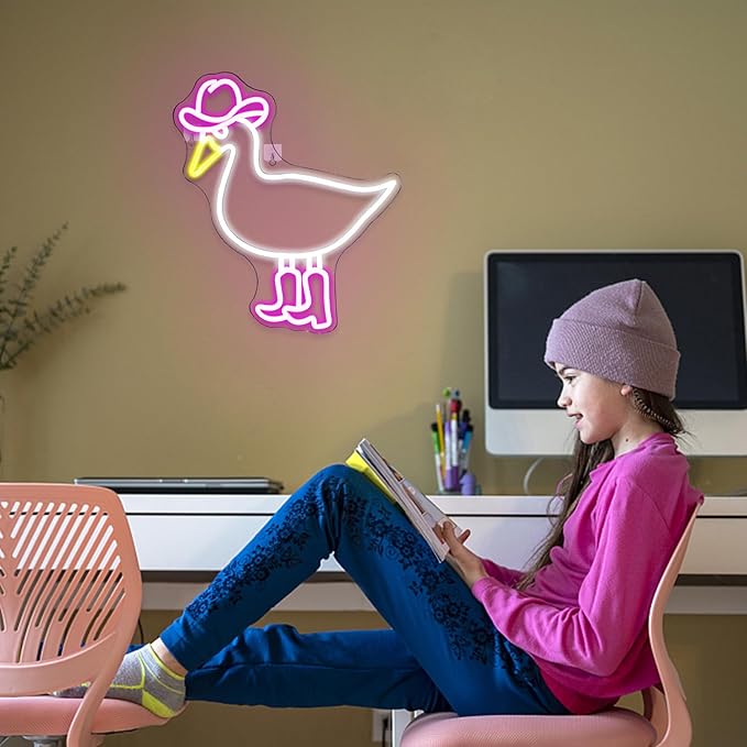 Cowboy Duck Neon Sign,Duck Neon Signs Cowgirl Boots Neon Signs for Wall Decor, USB Connectivity Pink LED Signs for Bedroom Living Room Kids Room Home Bar Birthday Party-VerdiqueGarden