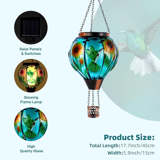 Hummingbird and Sunflower Solar Hot Air Balloon Lantern with Flame, Glass Hot Air Balloon Solar Lantern Outdoor Waterproof, Hanging Solar Lantern for Outside Garden Patio Tree Porch Yard-VerdiqueGarden