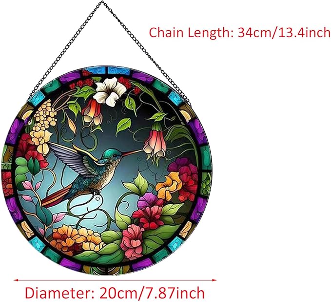 Hummingbirds and Flowers Pattern Suncatcher Stained Glass,Hanging Stained Glass for Windows,20cm/7.87inch Hand-Painted Sun Catcher Garden Hangings Painted Glass Panel Decor Themed Gift-VerdiqueGarden