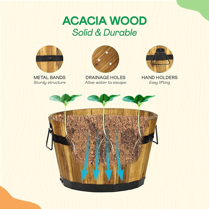 IDZO Set of 3 Wooden Flower Planters for Outdoor Plants, Acacia Wood Barrel Planters, Ergonomic Handles, Drainage Holes, Various Sizes, Golden Teak-VerdiqueGarden