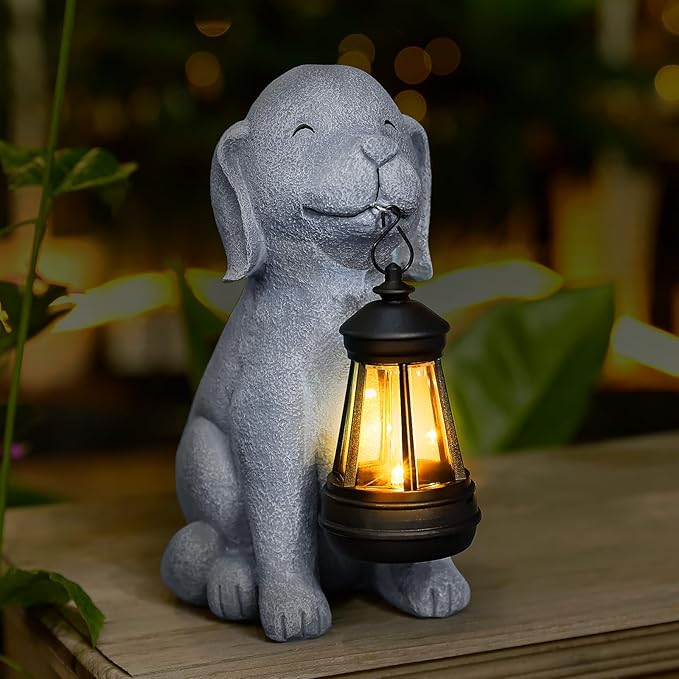 Solar Dog Statues for Garden Decorations Solar Garden Statues for Patio, Balcony, Yard Ornament Unique Housewarming Gifts Figurine Lights, Gray-VerdiqueGarden