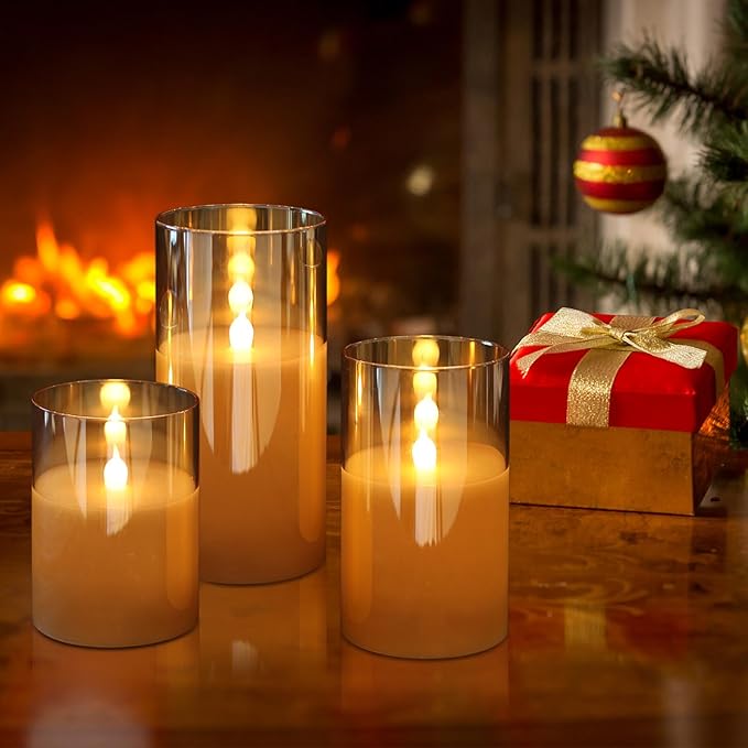 Glass LED Flickering Candles with Remote Timer, Flamless Pillar Candles Real Wax with 3D Wick Realistic, Home Decoration for Wedding Home Festival-VerdiqueGarden