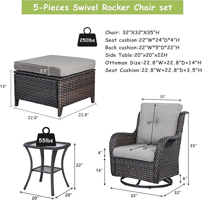 Outdoor Wicker Patio Furniture Set - 5 Pieces Rattan Patio Conversation Set with 2 Rocking Swivel Chairs,2 Ottomans and 1 Side Table for Porch Deck Backyard Garden(Brown/Grey)-VerdiqueGarden