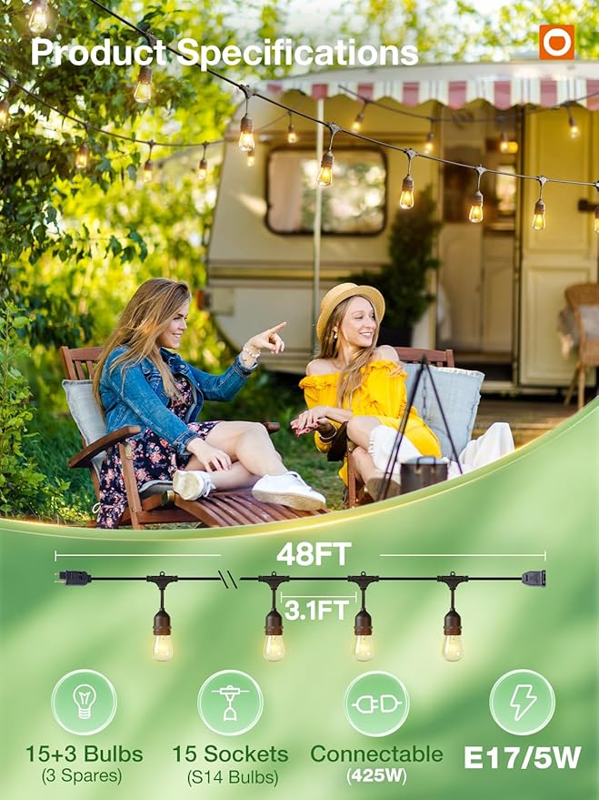 addlon 48 FT Outdoor String Lights Commercial Grade Weatherproof Strand, 18 Edison Vintage Bulbs, 15 Hanging Sockets (3 Spare Bulbs), ETL Listed Heavy-Duty Decorative Christmas Lights for Patio Garden-VerdiqueGarden