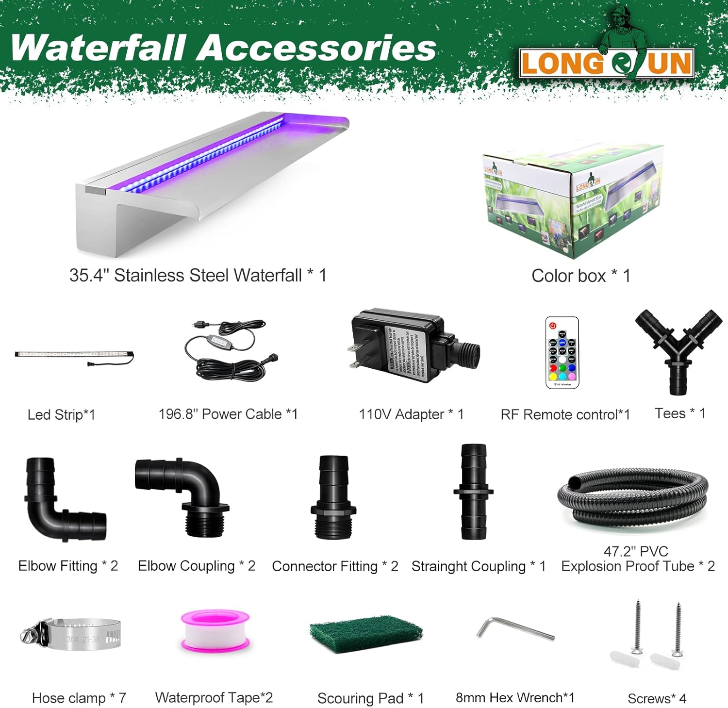 LONGRUN Pool Fountain Stainless Steel Outdoor Pond Spillway Waterfall with Wider Water Flow Platform Multi-Color LED Light Spray Indoor Waterfall Fountains for Garden-35.4" x 8" x 3.94"(W x D x H)-VerdiqueGarden