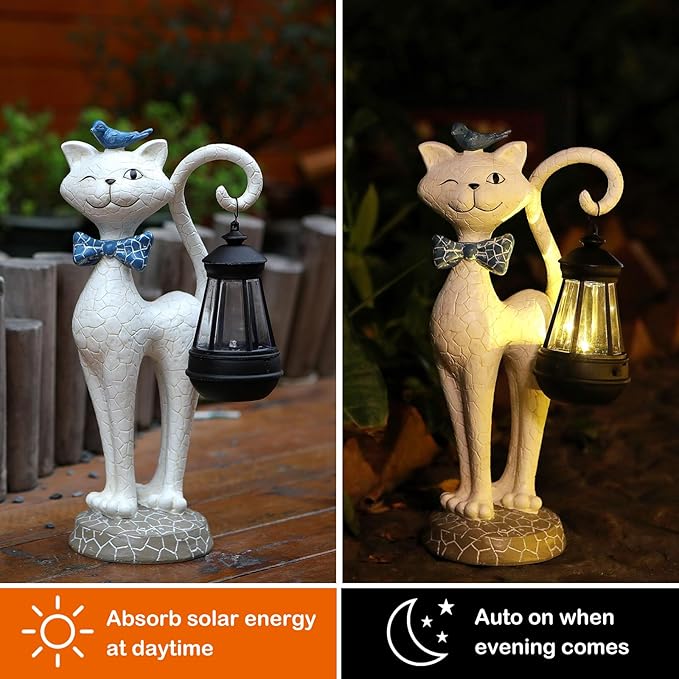 Solar Outdoor Garden Statues Light,Cat Figurines with Cute Birds Garden Sculpture Decor, Unique Christmas Gifts for Women, Men or Daughter, Housewarming Gifts and Yard Decoration-VerdiqueGarden